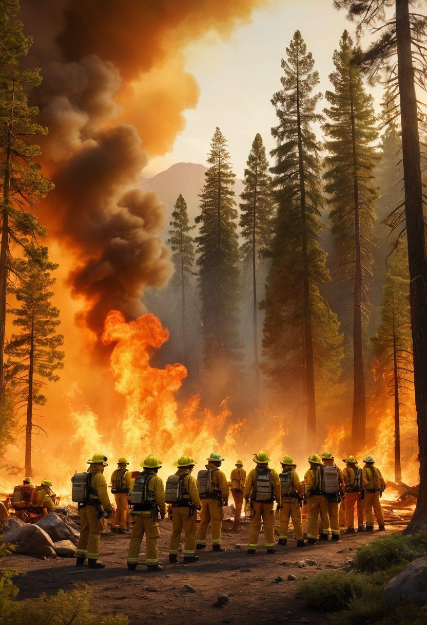 A panoramic view of a diverse group of emergency responders, including firefighters, park rangers, and community volunteers, collaborating actively in a lush forest area, amidst smoke and distant flames. The scene depicts a vibrant community meeting in a safe space, sharing strategies, maps, and tools for wildfire preparedness. Emphasize a sense of urgency and teamwork, highlighting different uniforms and equipment. Golden hour lighting to enhance the emotional intensity. super-realistic. vibrant colors. 3D.