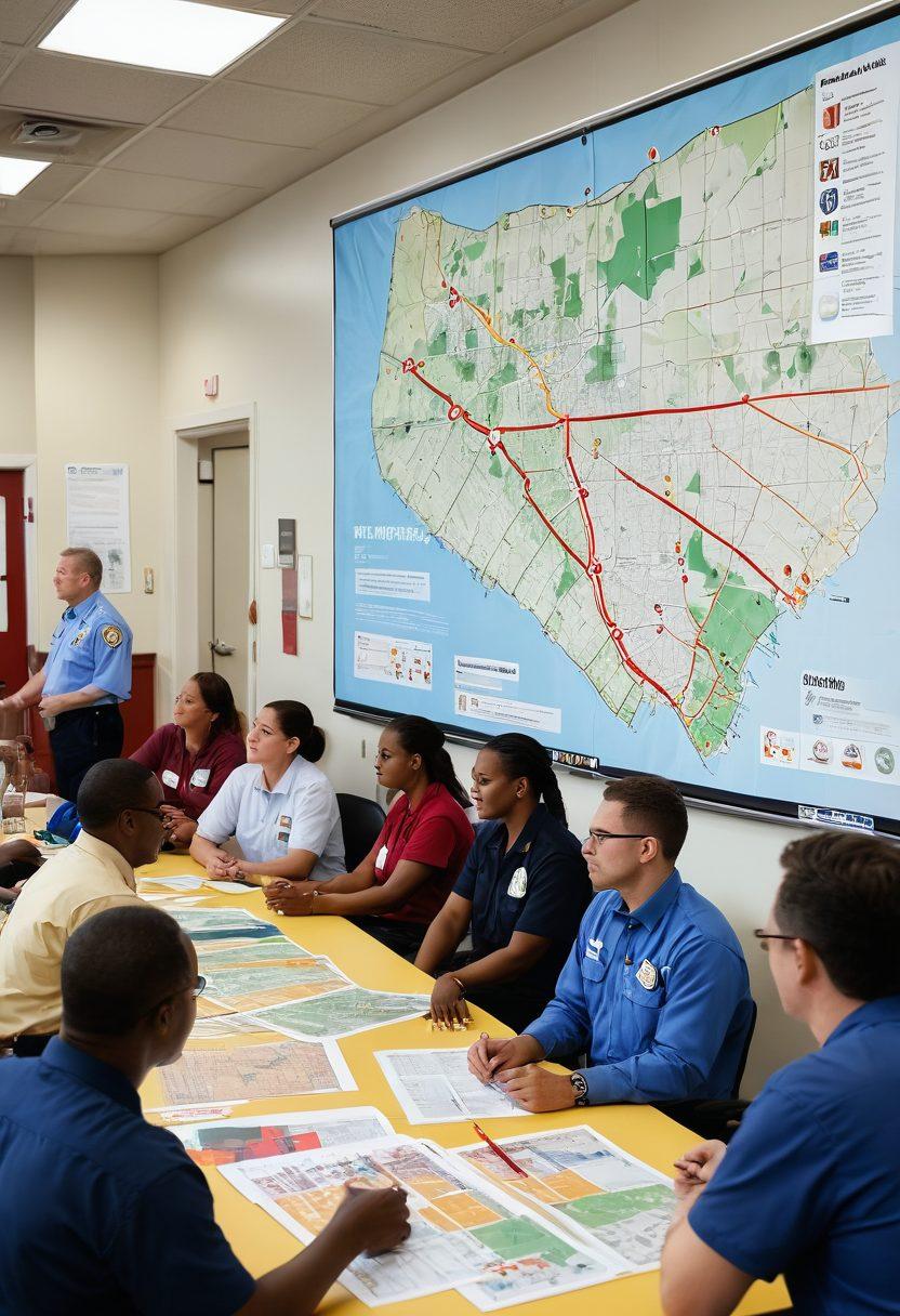A community meeting scene with diverse people discussing fire prevention strategies, featuring a large map with highlighted resource allocation areas, fire safety equipment like extinguishers and alarms, infographics illustrating statistics and tips, and a backdrop of a peaceful neighborhood. vibrant colors. super-realistic. white background.