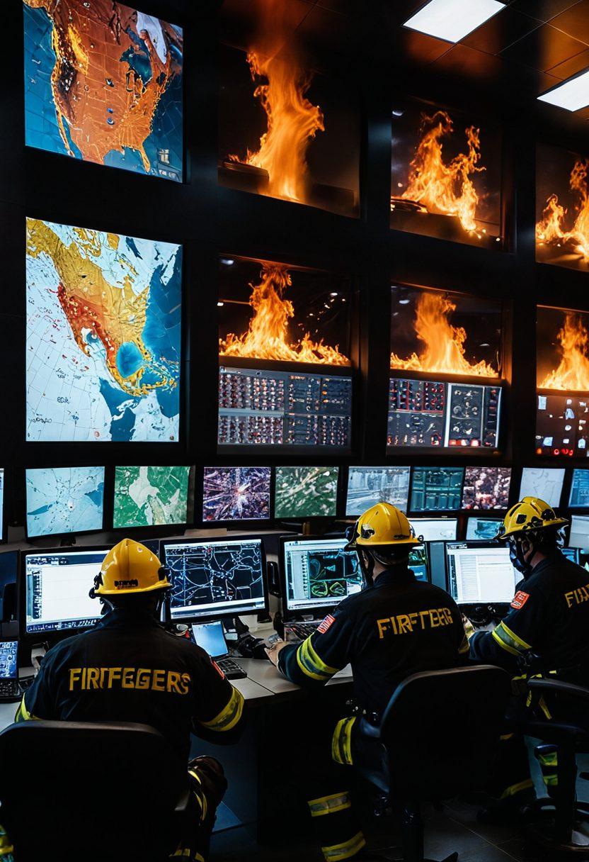 A dynamic scene depicting firefighters in action, showcasing a diverse team strategizing around a map in a control room. Include bright, vivid flames in the background representing an emergency, and elements like hoses, helmets, and communication devices. The atmosphere should be intense yet organized, emphasizing teamwork and quick decision-making. super-realistic. vibrant colors. 3D.